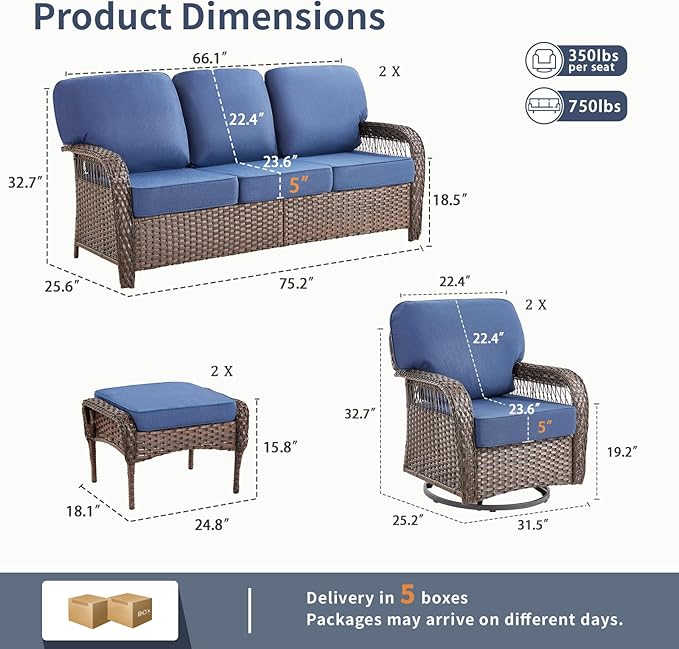 6 Pieces Patio Furniture Set Outdoor Sectional Sofa Couch with Rocking Swivel Chairs 5" Deep Seat Chairs, 2 Sofa Sets Modern Wicker Rattan Conversation Set, Blue/Brown Wicker