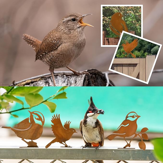 DIVINA VITAE 10Pcs Rusty Birds Decoration Lifelike Metal Birds Yard Art Simulation Bird Statue Yard Garden Decor for Outdoor Sculptures Art Fence Decorations(Style B)