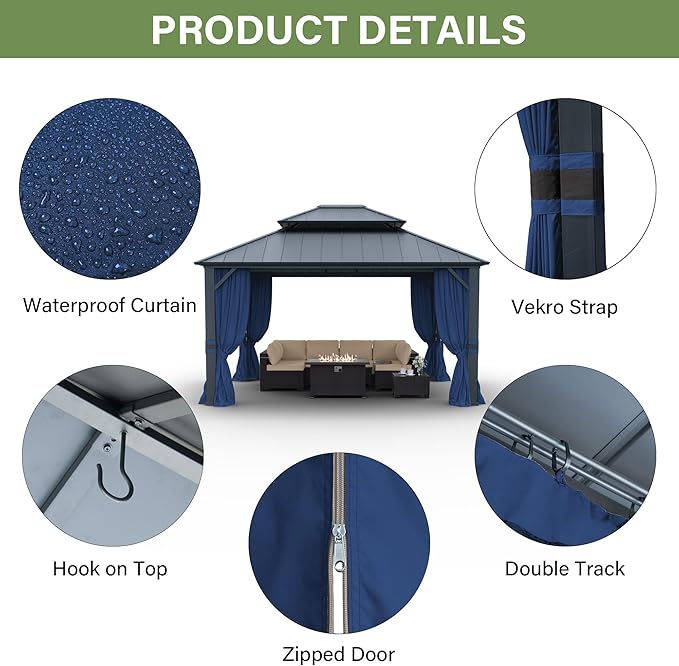12' x 14' Hardtop Gazebo,Outdoor Galvanized Steel Metal Double Roof Gazebo with Curtains and Netting for Patios,Gardens,Lawns,Navy Blue