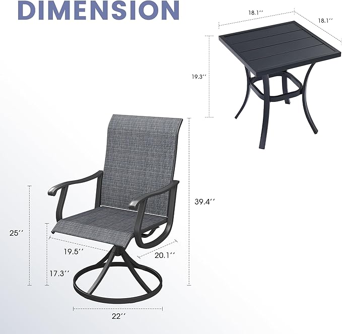 VICLLAX 3 Pieces Small Outdoor Furniture, 2 Patio Swivel Chairs and Small Square Outdoor Table for 2, Dark Charcoal Chairs & Black