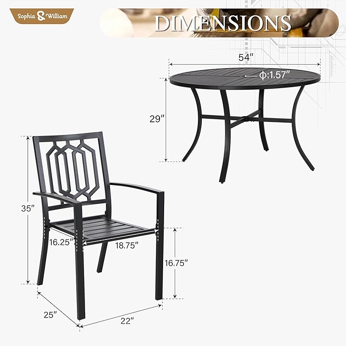 Sophia & William Round Patio Table and Chairs Set, Outdoor Dining Set for 6, 7 Piece Metal Patio Furniture, 54" Black Table(Geometry)