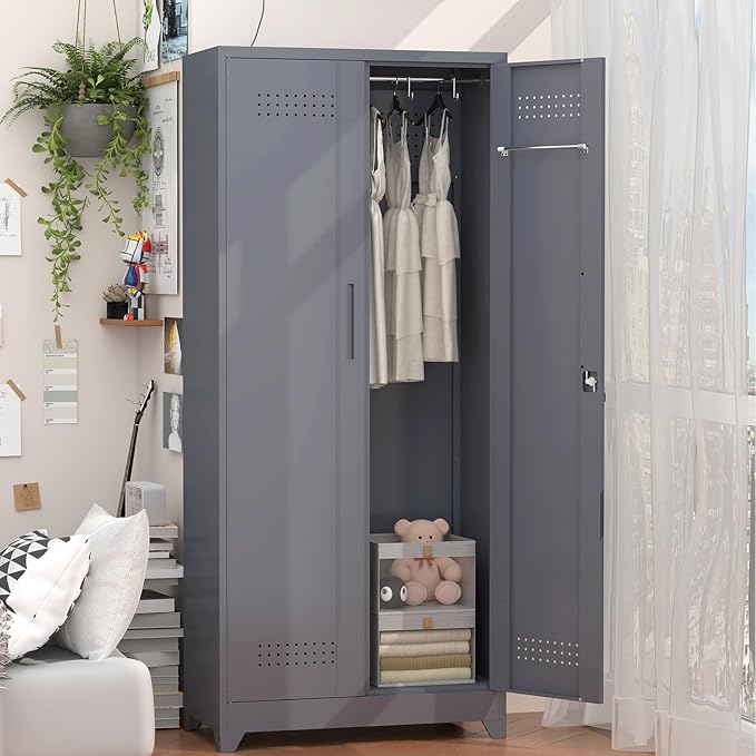 GREATMEET 72.8" Broom Storage Cabinet,Metal Storage Cabinets for Cleaning Supplies with Pegboard, Utility Closet, Broom Mop Cabinet, Grey