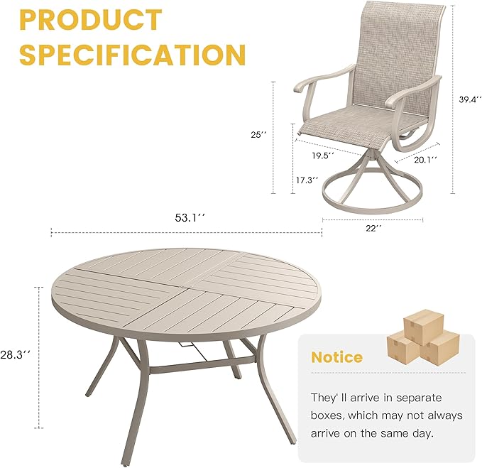 VICLLAX 7 Pieces Patio Dining Set for 6, Outdoor Furniture Set Includes 53" Outdoor Round Table and 6 Patio Swivel Chairs for Lawn Garden, Sandshell Color Tabletop and Fabric