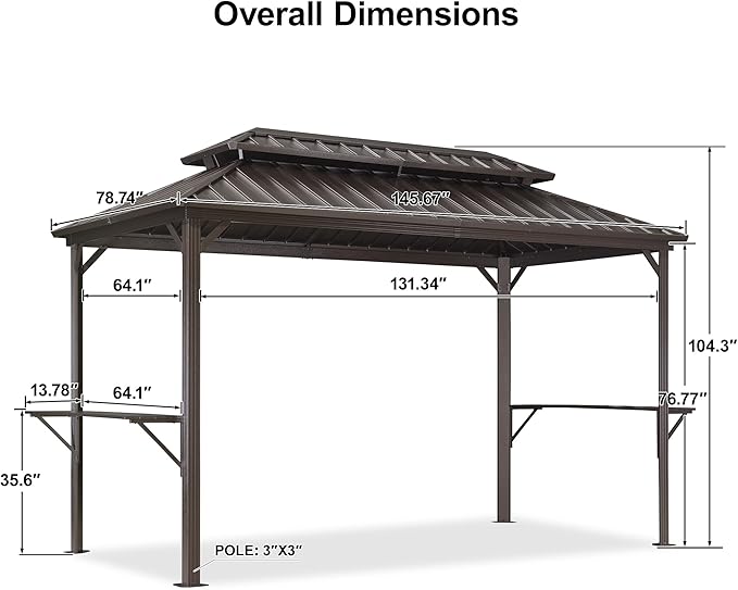 PURPLE LEAF 6.5' X 12' Hardtop Grill Gazebo for Patio Permanent Metal Roof with 2 Side Shelves Deck Yard Tent Aluminum Garden Outside Sun Shade Outdoor BBQ Canopy