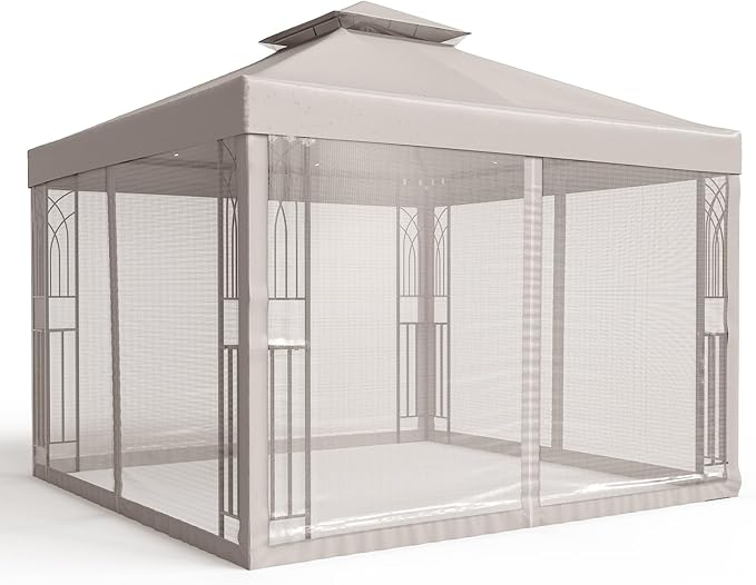 COOS BAY 10x10 Outdoor Patio Gazebo with Netting and Corner Shelves, Two-Tier Soft Top Canopy for Backyard, Lawn, Deck and Garden, Beige