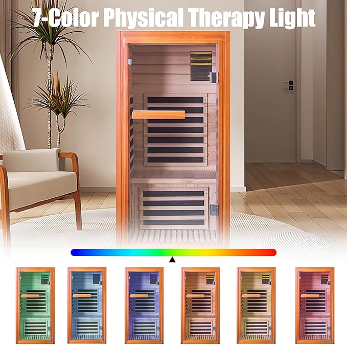 Far Infrared Home Sauna for 1 Person, 1065W 110V Indoor Spa Room, Wooden Dry Sauna with Red Light Therapy, Bluetooth Speaker, 31.5"x31.5"x63"