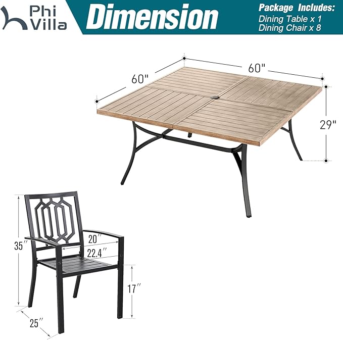 PHI VILLA 9-Piece Outdoor Dining Set, Retangualr Metal Table (60") with Umbrella Hole and 8 Stackable Dining Chairs – Perfect for Patio, Garden, Deck, Porch, and Yard, 9PCS Outdoor Dining Set Style 2