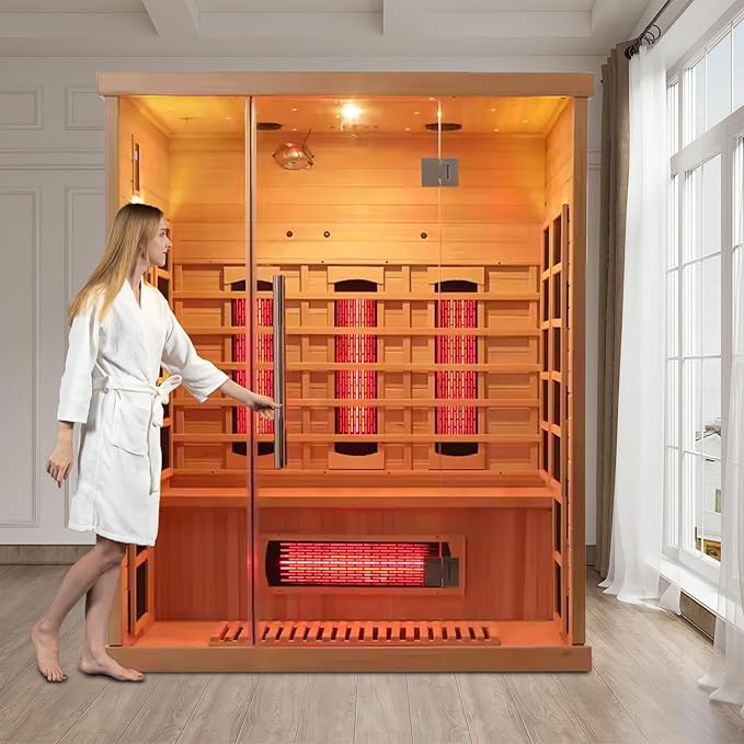 Smartmak Far Infrared Wood Sauna, 3 Person WiFi Control Home Canadian Hemlock Wooden Traditional Indoor Saunas, Full-Spectrum Red Light 2100W Spa Room, 11 Heating Elements, Speaker, Light, Oxygen Bar