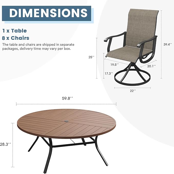 DIFY 9 Pieces Outdoor Patio Dining Set, 8 Brown Textilene Swivel Dining Chairs and 59.8" Walnut Round Metal Dining Table, Outdoor Table and Chairs