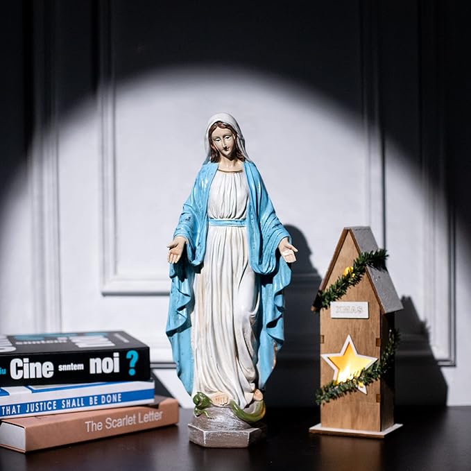 Our Lady of Grace Blessed Virgin Mother Mary Statue Catholic Religious 15.8 Inch Colored Resin Statue Figurine for Garden, Outdoor, Patio, Cemetery Grave Stone (Monther Mary)
