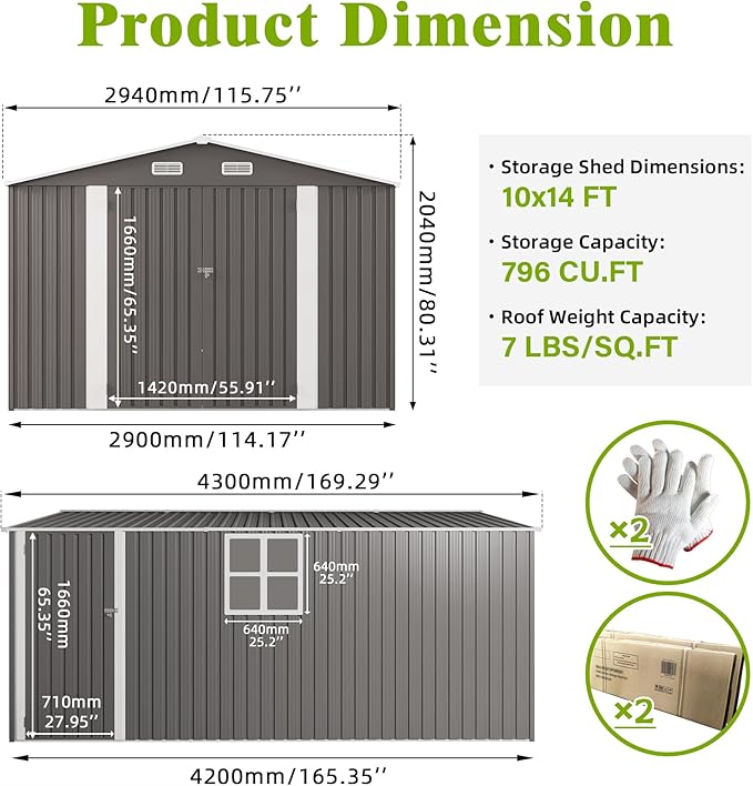10x14 FT Outdoor Metal Storage Shed, Durable Garden Shed with Three Lockable Doors & Clear Window for Backyard, Patio, All-Weather Shelter for Bike, Gardening Tools, Lawn Mowers, Grey