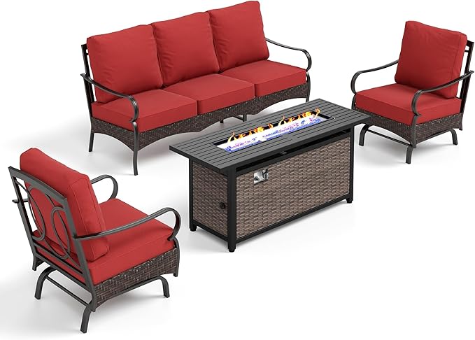 Patio Furniture Set with 56" Fire Pit Table, Premium Outdoor Wicker Metal Frame Furniture with Upgraded Waterproof Thick Cushions for Porch, Poolside, Deck, and Yard (4 Pieces,Red