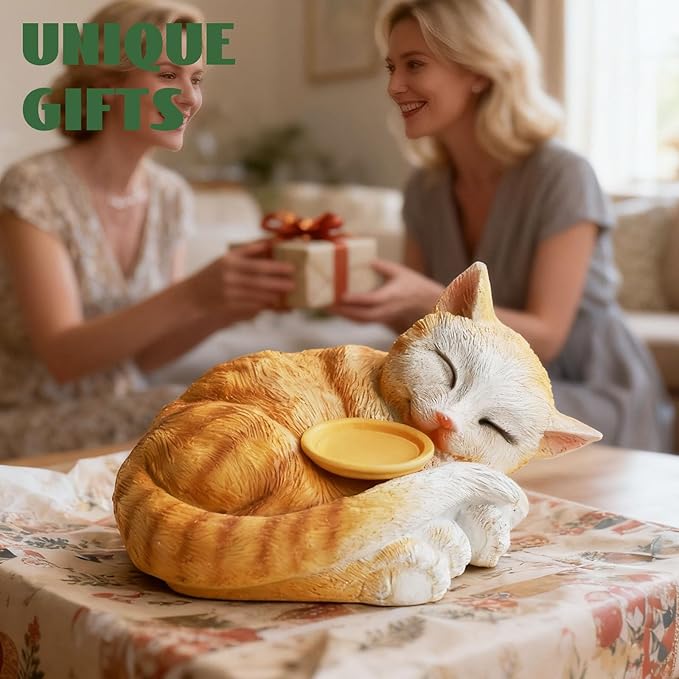 Sleeping Cat Candle Holder Statue Realistic Resin Cat Figurine with Candle Tray Outdoor Garden Decor for Patio Yard or Indoor Use for Cat Lovers Women and Memorials Orange