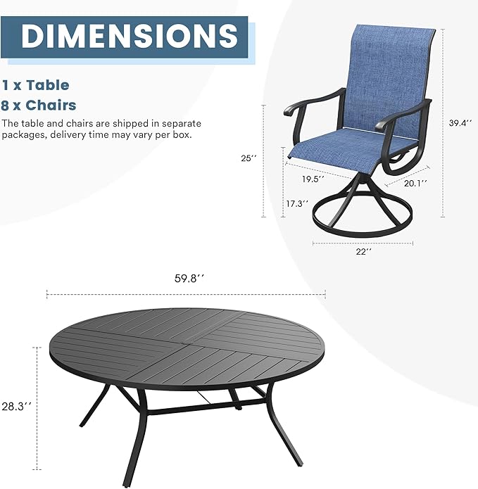 DIFY 9 Pieces Outdoor Patio Dining Set, 8 Blue Textilene Swivel Dining Chairs and 59.8" Black Round Metal Dining Table, Outdoor Table and Chairs