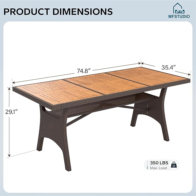 MFSTUDIO Acacia Wood Outdoor Dining Table, 75’’ Rectangular Dining Table for 6-8 with Storage Space, Metal & Wicker Frame and Adjustable Foot Pads, Patio Table for Deck, Backyard