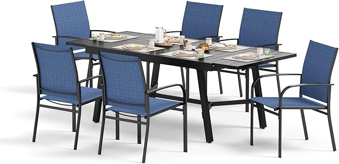 Outdoor Dining Chairs Blue Set of 6,61.4x37.4x29.5” Rectangular Dining Table(Extendable),Patio Dining Set 7 PCS,Patio Dining Set for Outdoor Kitchen Lawn Garden,Bistro,Deck.