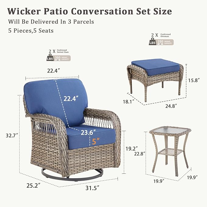 5 Pieces Patio Furniture Set Outdoor Sectional Sofa Couch with Rocking Swivel Chairs 5" Deep Seat Chairs, Modern Wicker Rattan Conversation Set, Blue/Gray Wicker