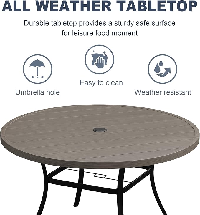 VICLLAX 50" Outdoor Round Patio Dining Table for 4-6, All Weather Metal Dining Table with Umbrella Hole for Deck Lawn Garden Backyard, Grey