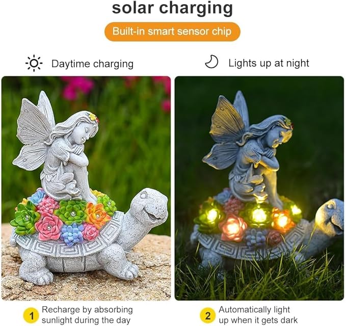 Solar Angel Garden Statue,Solar Garden Statue Angel and Turtle,Figurines Outdoor Decor,Outdoor Solar Statue with LED Lights for Yard,Patio,Lawn Art Decoration,Housewarming Gift