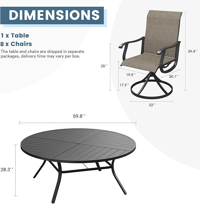 DIFY 9 Pieces Outdoor Patio Dining Set, 8 Brown Textilene Swivel Dining Chairs and 59.8" Black Round Metal Dining Table, Outdoor Table and Chairs
