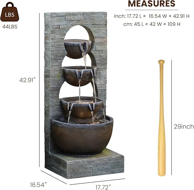 Water Fountain Outdoor Garden Waterfall Large Water Feature Tiered Freestanding Cascade Fountains Bowl Modern Artistry with LED Strip for Patio Yard Deck Home Decor, 43 inches, Brown