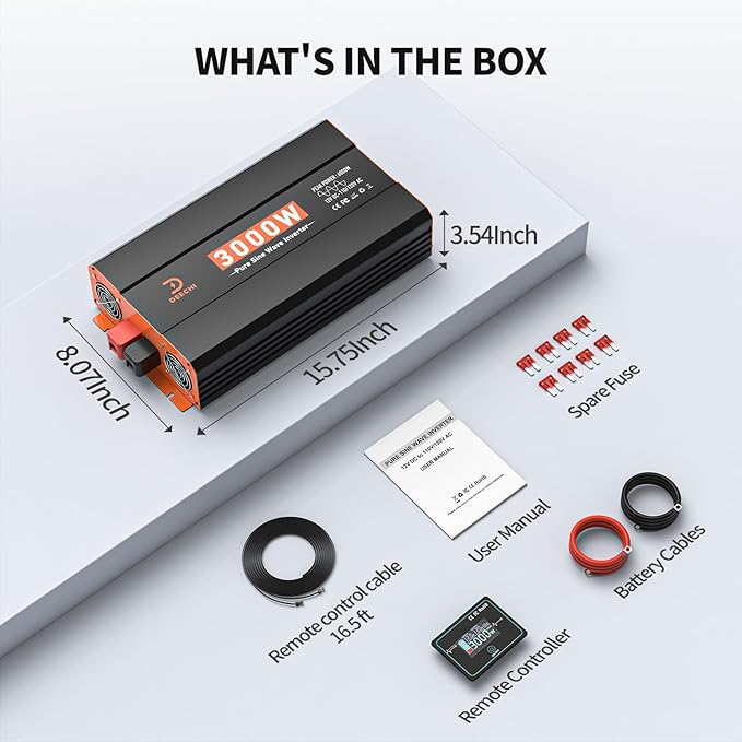 3000 Watt Pure Sine Wave Inverter 12V DC to 110V/120V AC Converter for RV/Truck/Home/Off-Grid Solar Car Power Inverter for Vehicles with 4 AC, 2 USB & 1 Type-C Ports, Remote Controller Cable Included