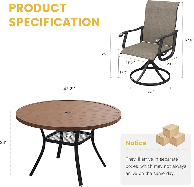 VICLLAX Patio Dining Set for 6, 7 Pieces Outdoor Furniture Includes 47.2" Round Patio Table with Umbrella Hole and 6 Outdoor Swivel Chairs for Lawn Garden, Walnut Tabletop and Mixed Brown Fabric