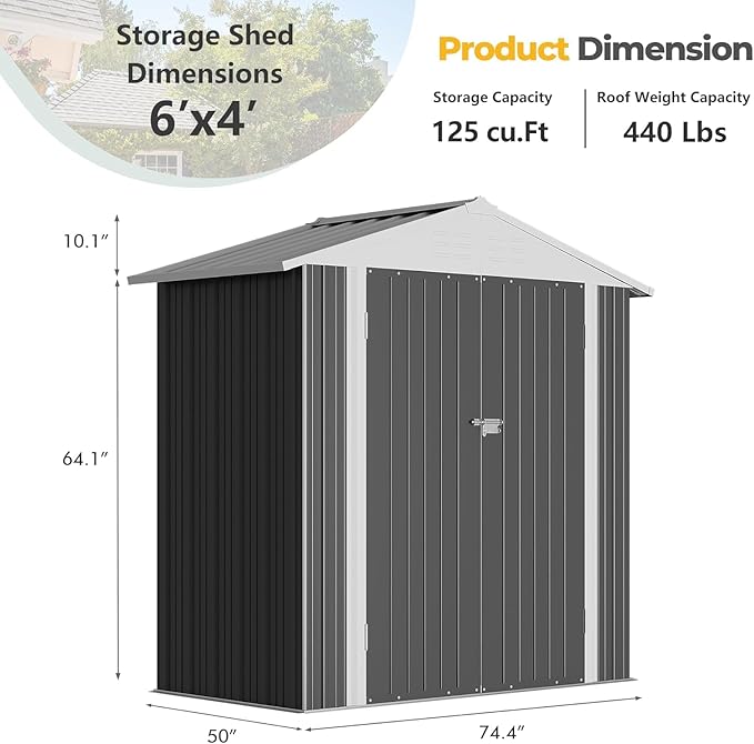 Furniwell Outdoor Storage Shed, Metal Garden Sheds Outdoor Storage House with Single Lockable Door for Backyard Patio Lawn (Gray, 6 x 4 FT)