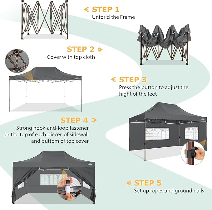 COBIZI 10x15 Pop Up Heavy Duty Canopy with 4 Sidewalls and Hexagonal Legs, Easy up Tent for Parties, Commercial and Wedding, Outdoor Canopy with Roller Bag, Sand Bags, Waterproof & UPF50+ (Gray)