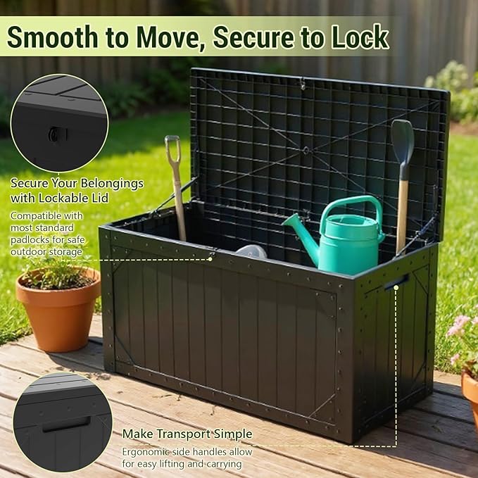 100 Gallon Resin Deck Box, Waterproof Outdoor Storage Bin for Patio Furniture, Pool Accessories, and Garden Tools, Lockable & UV-Resistant, Black