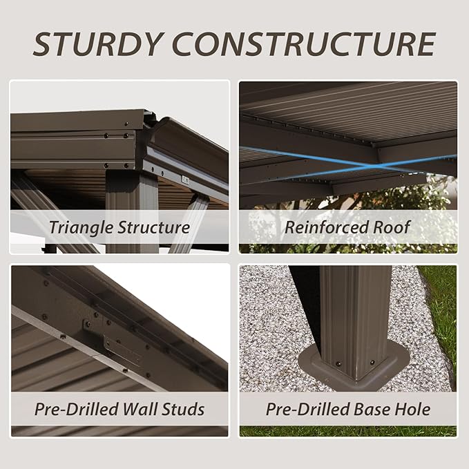 Domi 8'x8' Lean to Gazebo Hardtop, Expandable Wall Mounted Pergola with Gutters & Galvanized Steel Roof, 60MPH Wind Resistance, Outdoor Metal Heavy Duty Metal Awning for Patio, Deck, Backyard - Brown