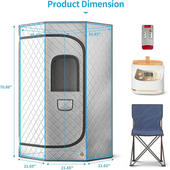 Home Steam Sauna Box, Portable Sauna for Home, Steam Sauna Tnet Full Size Single Person Sauna with 3.0L&1500W Steamer, Remote Control, Foldable Chair & RGB LED Light (Silver)