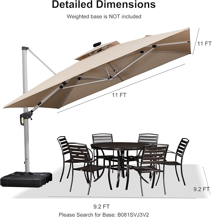 PURPLE LEAF 11 Feet Double Top Deluxe Solar Powered LED Square Patio Umbrella Offset Hanging Umbrella Outdoor Market Umbrella Garden Umbrella, Beige