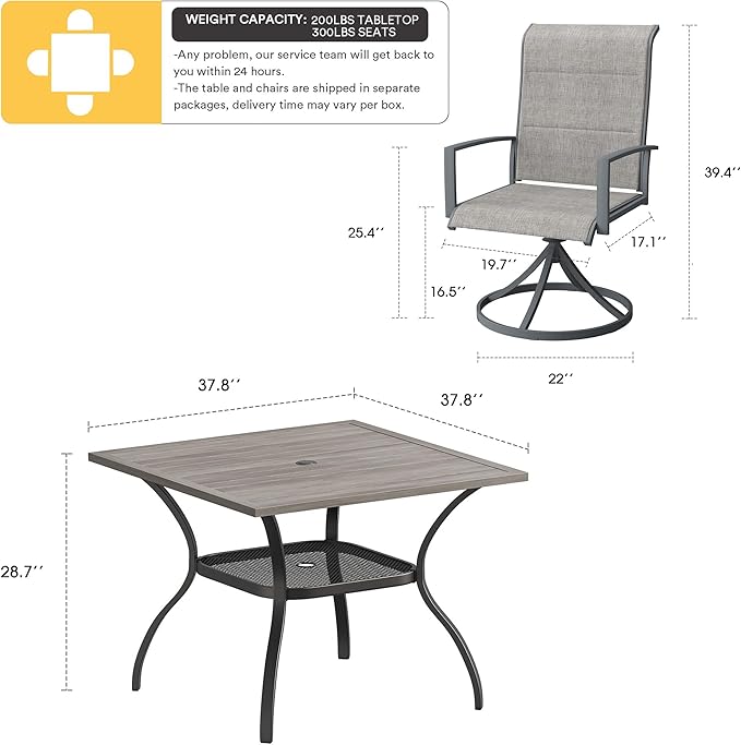 VICLLAX 5 Pieces Patio Dining Set, 4 Seats Outdoor Furniture Includes 37.8" Square Outdoor Table and 4 Swivel Patio Chairs, Grey Wood Grain Tabletop and Grey Fabric