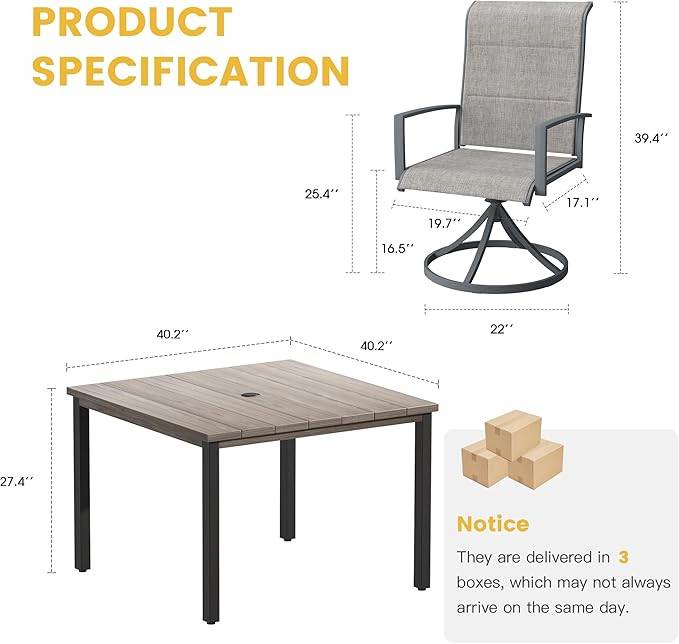 VICLLAX 5 Pieces Patio Dining Set, 4 Seats Outdoor Furniture Set Includes 40.2" Square Outdoor Dining Table and 4 Swivel Patio Chairs, Grey Wood Grain Tabletop and Grey Fabric