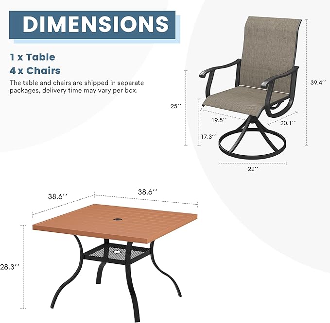 DIFY 5 Pieces Outdoor Patio Dining Set for 4, 38.6" Walnut Square Patio Dining Table and 4 Brown Swivel Textilene Chairs with Curved Armrest, Patio Table and Chairs