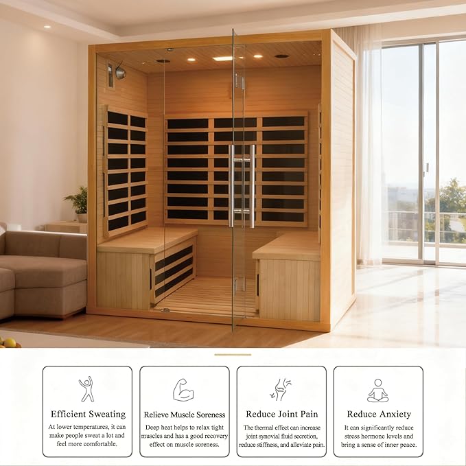 Homsido 3-4 Person Sauna, Hemlock Wooden Indoor Far Infrared Home Sauna Room 11 Low EMF Infrared Carbon Panels with Tempered Glass Door,Bluetooth Speakers 7 Chromotherapy Lights(220V, 2880W)