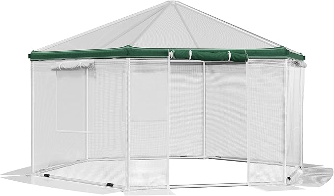 AMERLIFE 13.5x13.5x9 FT Hexagonal Walk-in Greenhouse for Outdoors, Heavy-Duty Greenhouse with Windbreak Ropes, Waterproof PE Cover, Ground Stakes, Tunnel Green House for Garden, White/Green
