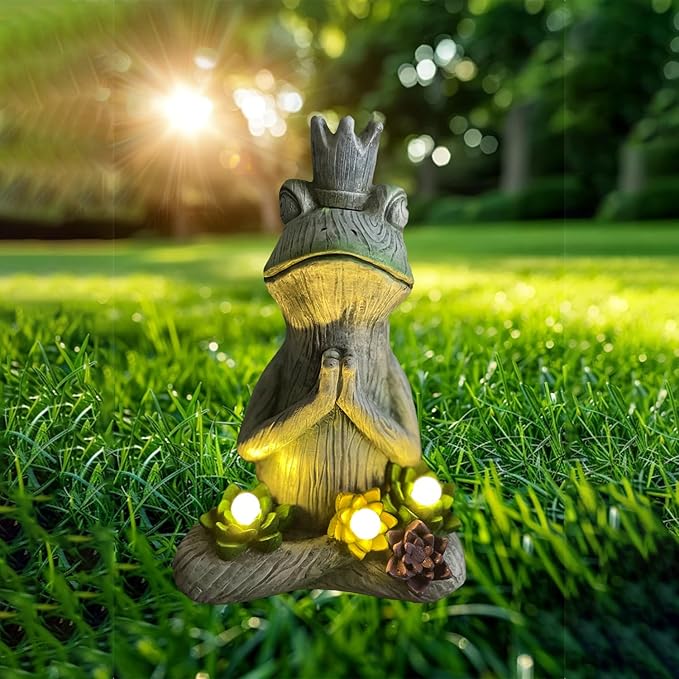 Large Garden Statue Yoga Frog Sustainable Eco-Friendly Solar Lights with LED Sustainability Sculpture Courtyard Balcony Home Decoration(12" Tall