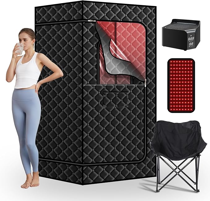 Upgraded Sauna Box with Red Light, Portable Dry Wind Saunas Tent for Relaxation, Full Size Indoor Home Spa Heated Body Therapy, Time & 185℉ Temperature Remote Control, Folding Chair