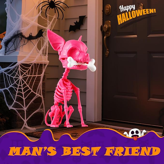 Quntis Halloween Skeleton Dog Decor - 15inch Pink Cute Puppy Bones - Realistic ABS Animal Skeleton for Outdoor Indoor Graveyard Party Display, 2025 Showstopper Halloween Decorations