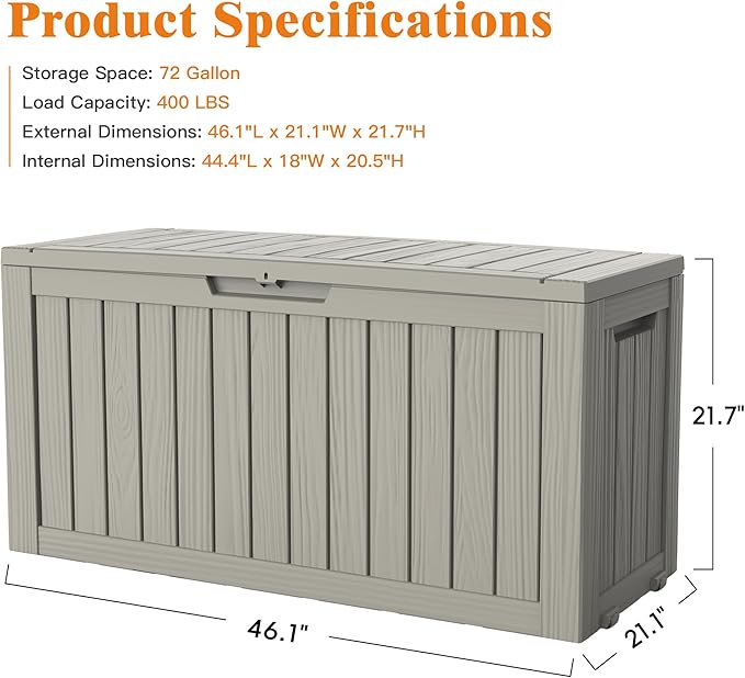 Outdoor Storage Box, Deck Box Waterproof 72 Gallon, Resin Outside Storage, Storage Bin for Package Delivery, Patio Furniture Cushion, Pool Accessories, Weatherproof and UV Resistant, Grey