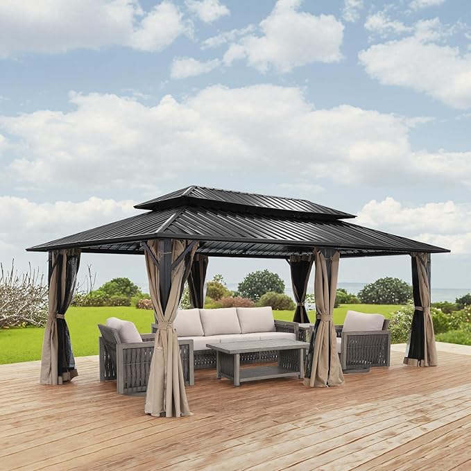 12' x 20' Hardtop Gazebo, Outdoor Patio Gazebo, Aluminum Frame Patio Hardtop Gazebos with Netting and Curtain, Outdoor Patio Pergola with Double Steel Roofs for Deck, Lawns, Parties, Sandstone