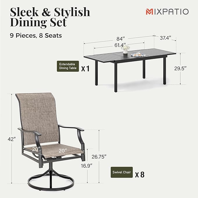9 Pieces Patio Dining Set, Outdoor Table and Chairs, 8 x Textilene Swivel Dining Chairs and 61" Expandable Patio Dining Table, for Cozy Garden Settings, Grayish Brown