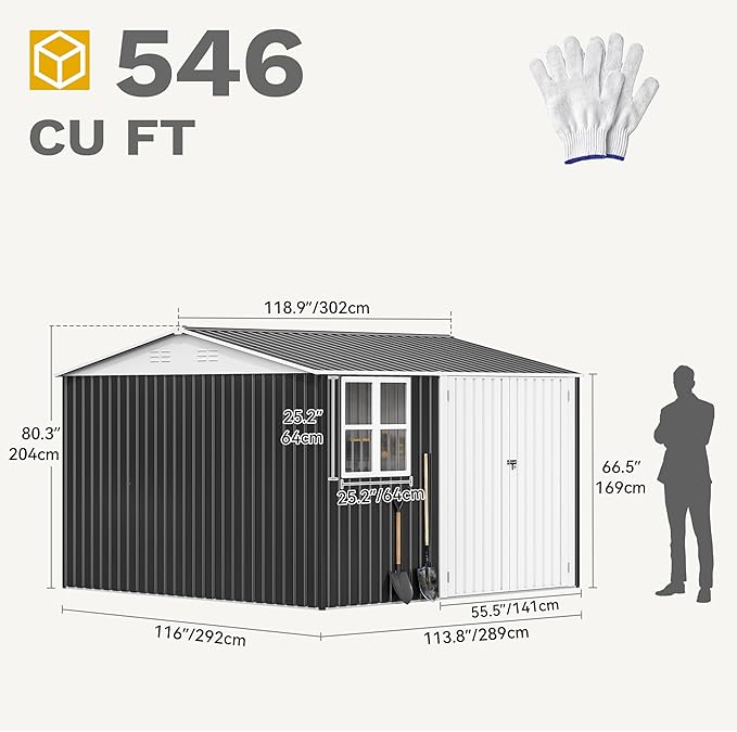 DWVO 10x10ft Large Tool Storage Shed with Window, Lockable Doors, and Sloped Roof, Oversized Steel Outdoor Storage Shed for Garden, Patio, Garage, Backyard, Lawn(Gray + White)