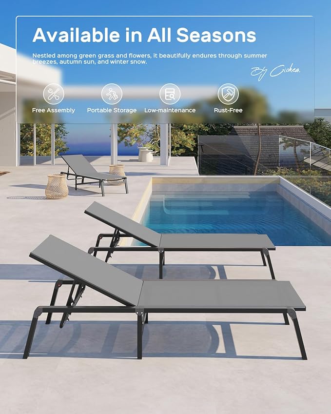 Patio Chaise Lounge Chair, Foldable Lounge Chair for Outside, Aluminum Chairs Set of 2 with 5 Adjustable Backrest, Outdoor Pool Lounger for Poolside, Lawn, Deck, Grey
