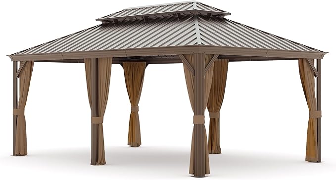 12' x 16' Outdoor Hardtop Gazebo Aluminum Frame with Double Metal Roof, Canopy Netting, Curtain, Patio Permanent Galvanized Steel Gazebo for Backyard, Garden, Party, Deck, Lawn