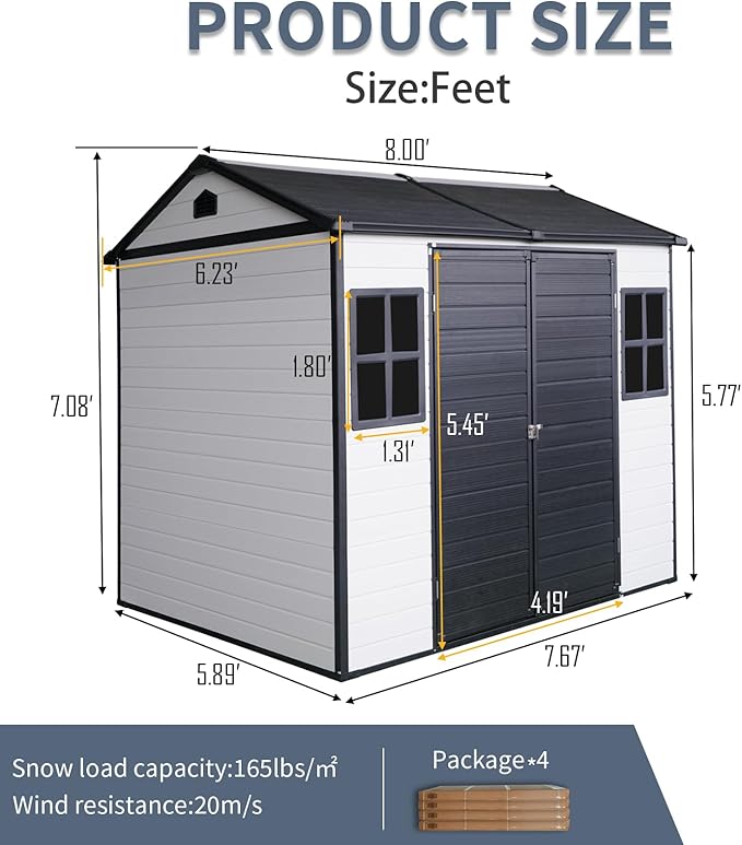 8x6 ft Resin Outdoor Storage Shed with Two-Window and Double-Door, Plastic Shed with Floor for Gargen, Patio, Yard, Lawn, Grey (1 Doors) (Grey White, 8x6 ft)