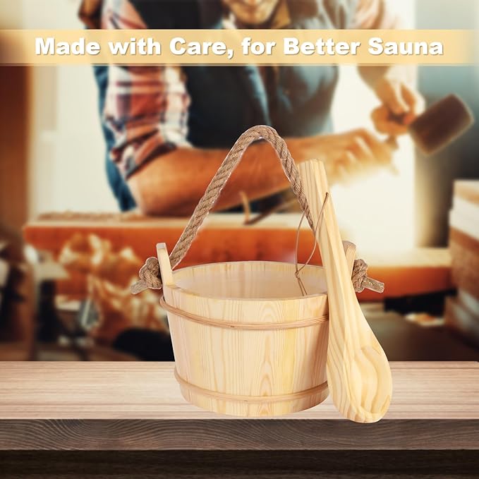 6L-1.6Gal Pine Wood Sauna Bucket and Ladle Set, Complete Handmade Wooden, 14.5″ Sauna Ladle,Premium Pine Sauna Accessories Kit for Steam Sauna, Natural Wooden Bucket for Sauna