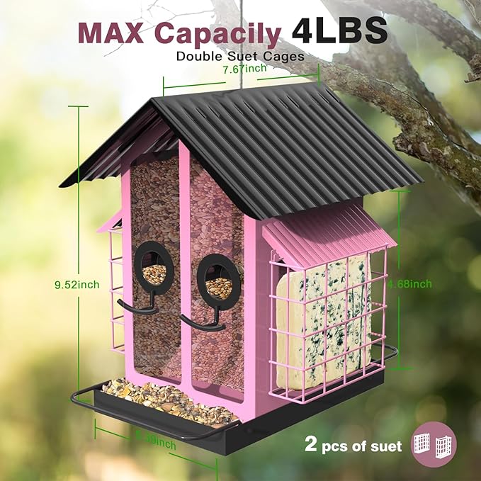Bird Feeders for Outdoors, Metal Bird Feeder with Double Suet Cage Weatherproof Metal Roof, 2 in 1 Mixed Seeds Suet Feeder, 4Lbs Large Capacity, Great for FinchćCardinalćChickadeeļ¼Pinkļ¼